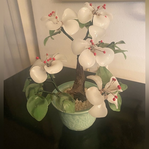 Other - Vintage Jade Glass Flowering Blossoms Bonsai Tree